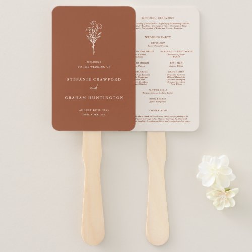 Boho Terracotta Minimalist Botanicals Program Hand Fan