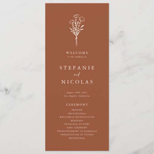 Boho Terracotta Minimalist Botanicals Wedding Program