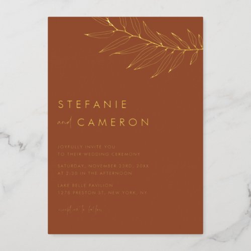 Boho Terracotta Minimalist Foliage Leaf Wedding Foil Invitation