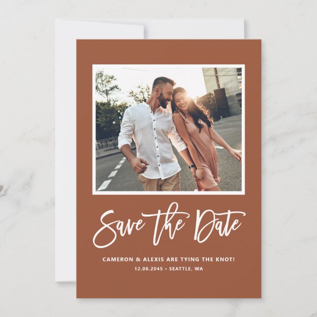 Boho Terracotta Modern Calligraphy Photo Save The Date (Front)
