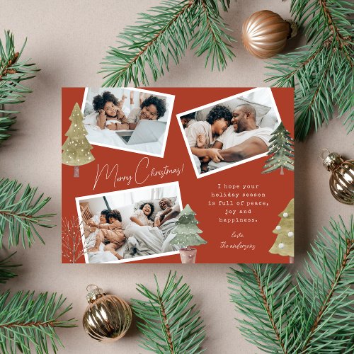 Boho Terracotta Multi Photo Christmas Pine Tree Holiday Postcard