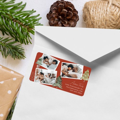 Boho Terracotta Multiphoto Christmas Pine Tree  Label