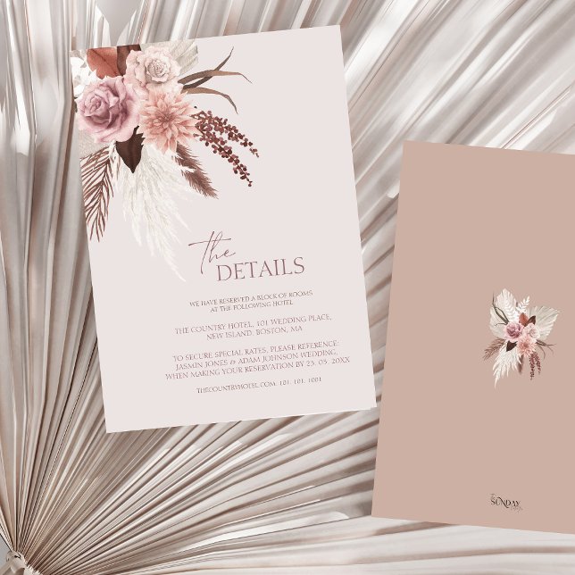 Boho Terracotta Neutral Dried Floral Wedding Enclosure Card (Boho Dusty Pink Dried Flowers Wedding Details Enclosure Card)