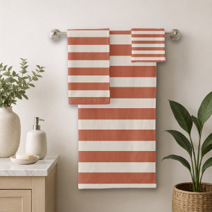 Boho Terracotta Orange and Sand Cabana Stripe Bath Towel Set