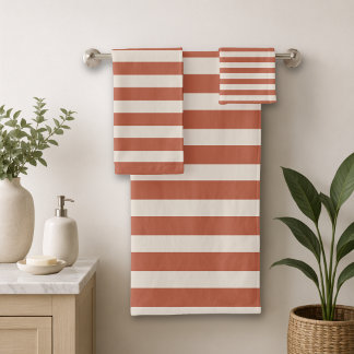 Boho Terracotta Orange and Sand Cabana Stripe Bath Towel Set
