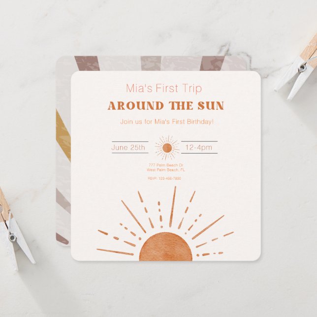 Boho Terracotta Orange First Trip Around The Sun Invitation (Front/Back In Situ)