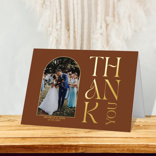 Boho Terracotta Orange Photo Wedding Thank You Foil Greeting Card