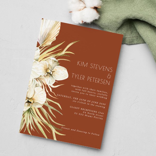 Boho terracotta orchid pampas grass wedding invitation (Creator Uploaded)