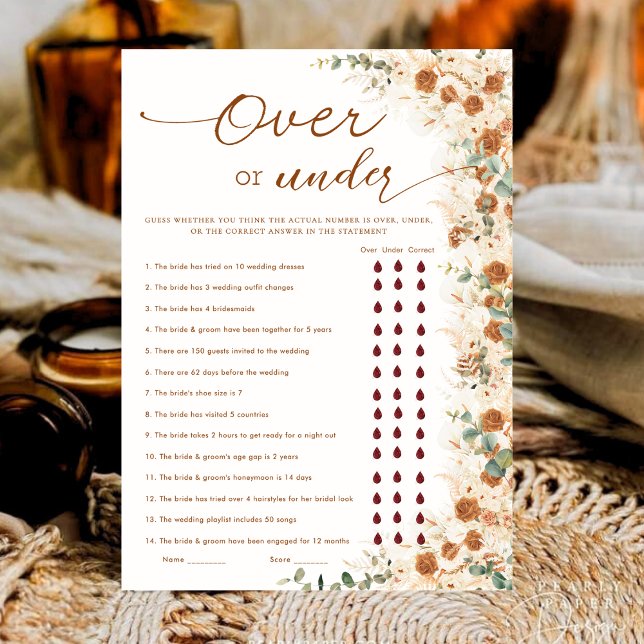 Boho Terracotta Over or Under Bridal Shower Game  (Creator Uploaded)