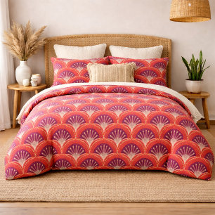Boho Terracotta Palm Fan Scallop Pattern Duvet Cover