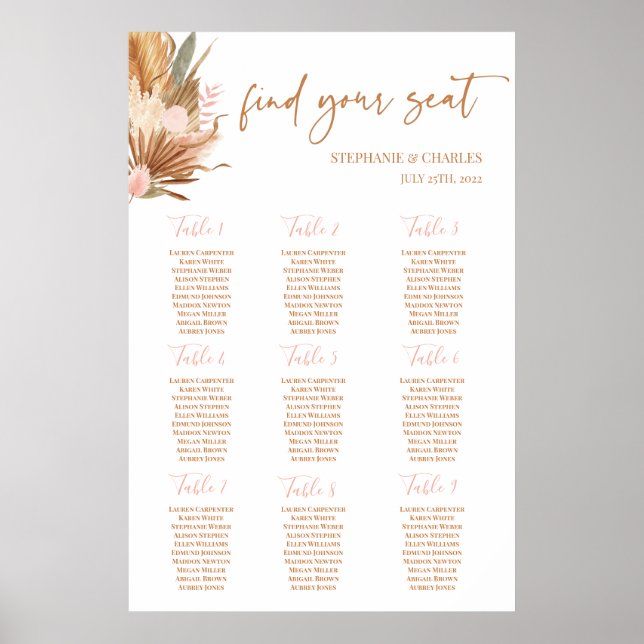 Boho Terracotta palms Wedding Seating Chart (Front)