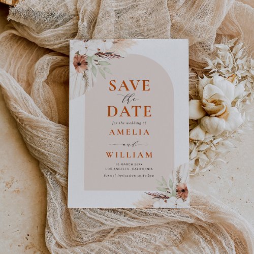 boho terracotta pampas arch Save the Date