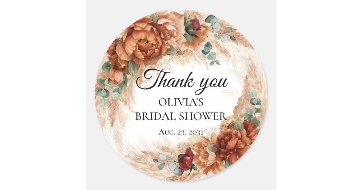 Boho terracotta pampas bridal shower thank you classic round sticker ...