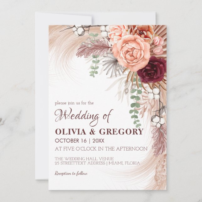 Boho Terracotta Pampas Floral Burgundy Wedding Invitation (Front)