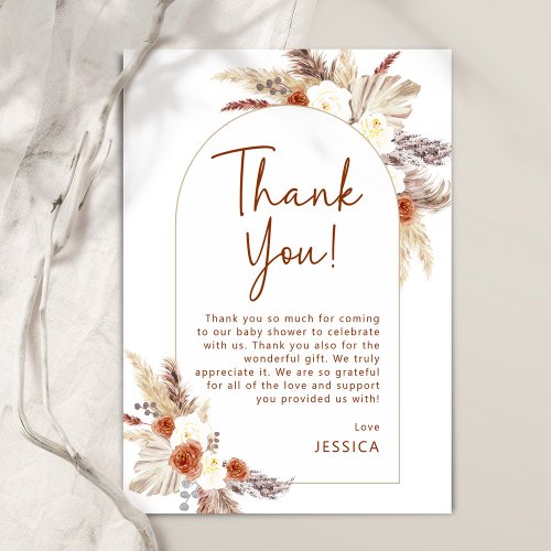 Boho Terracotta Pampas Gras Baby Shower Thank You Card