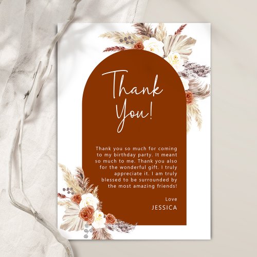 Boho Terracotta Pampas Gras Birthday Party Thank You Card