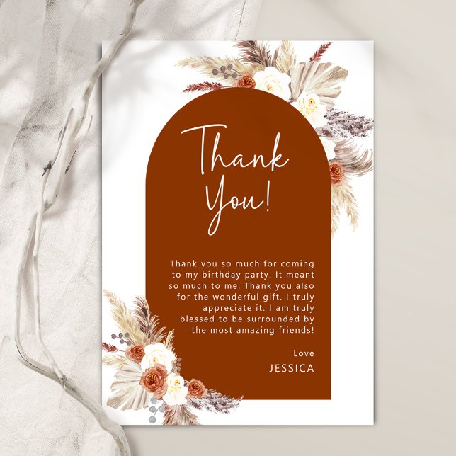Boho Terracotta Pampas Gras Birthday Party Thank You Card (Creator Uploaded)