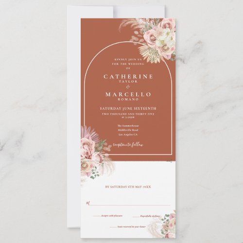 Boho Terracotta Pampas Grass All In One Wedding  Invitation