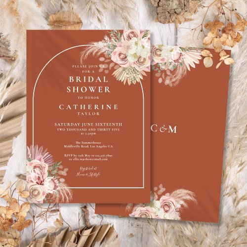 Boho Terracotta Pampas Grass Arch Bridal Shower Invitation