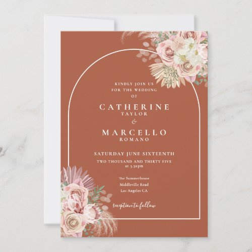 Boho Terracotta Pampas Grass Arch Floral Wedding  Invitation