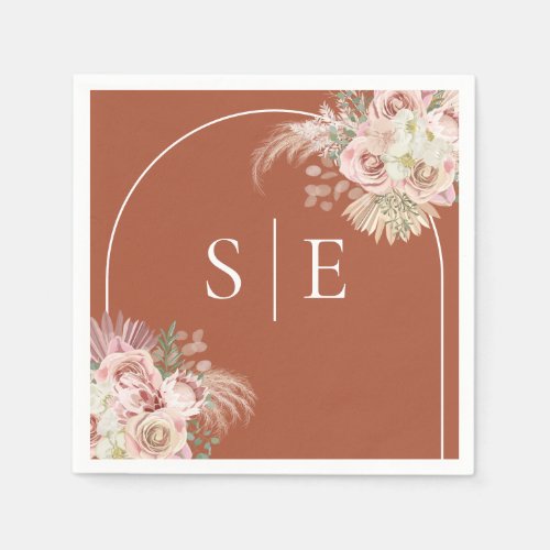 Boho Terracotta Pampas Grass Arch Monogram Napkins