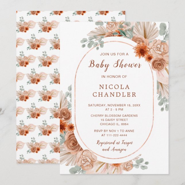 Boho Terracotta Pampas Grass Baby Shower Invitation (Front/Back)
