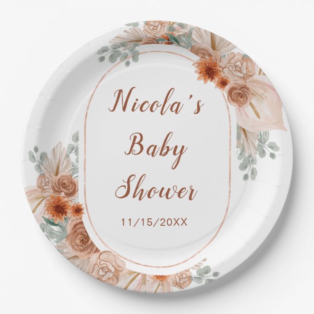 Boho Terracotta Pampas Grass Baby Shower Paper Plates (Front)