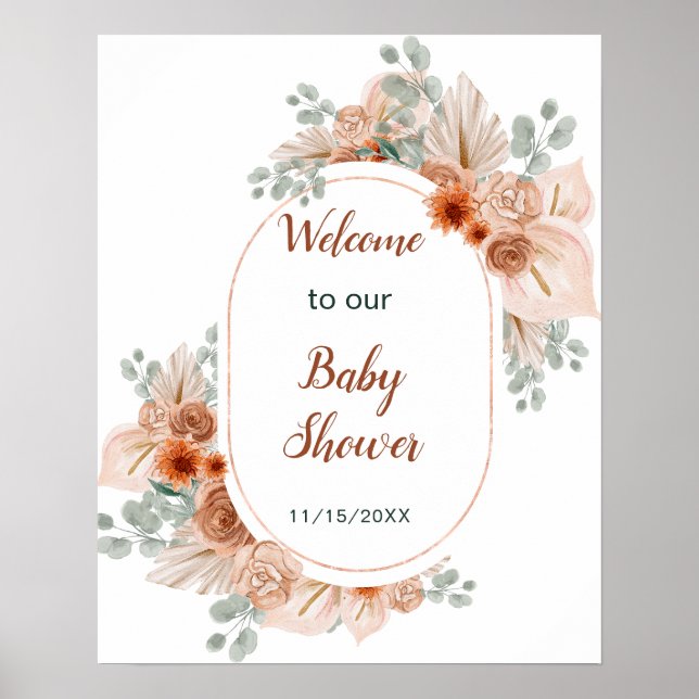 Boho Terracotta Pampas Grass Baby Shower Poster (Front)