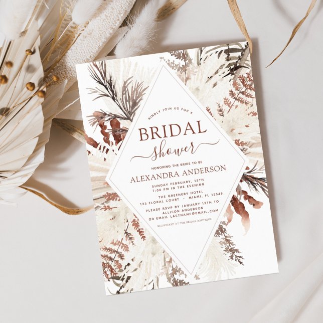 Boho Terracotta Pampas Grass Beige Bridal Shower Invitation (Creator Uploaded)