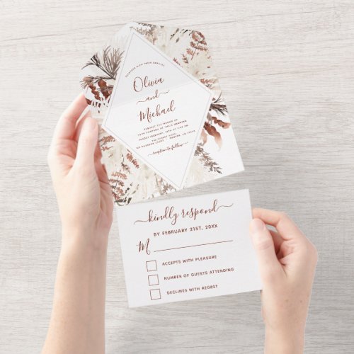 Boho Terracotta Pampas Grass Beige Wedding All In One Invitation