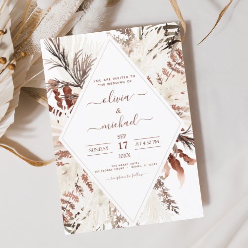 Boho Terracotta Pampas Grass Beige Wedding Invitation