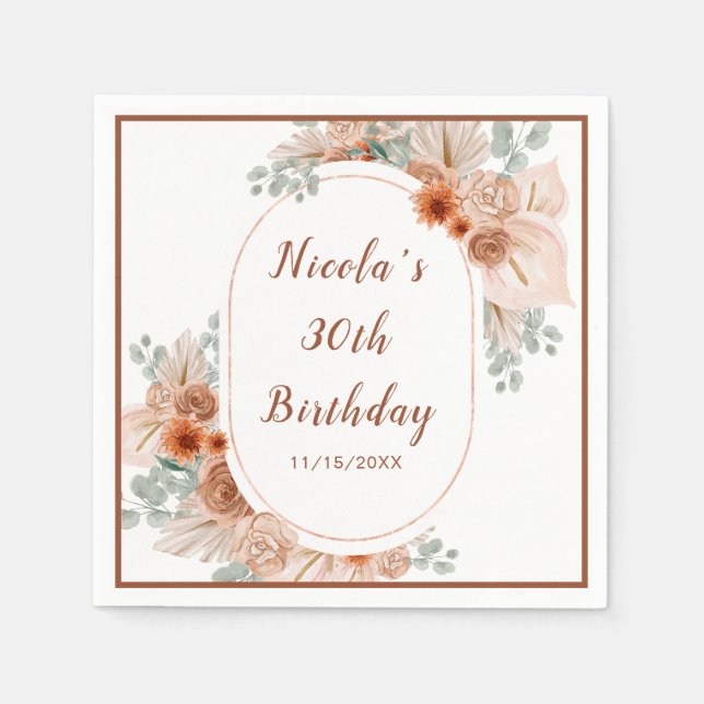 Boho Terracotta Pampas Grass Birthday Napkins (Front)