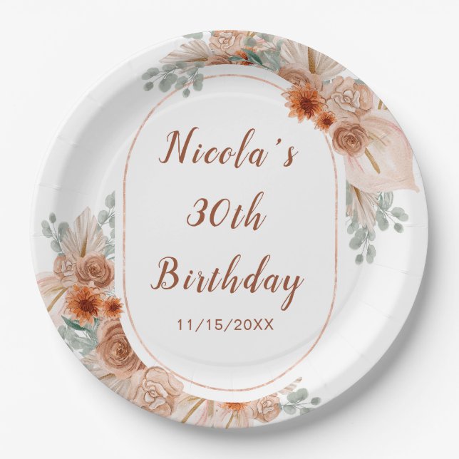 Boho Terracotta Pampas Grass Birthday Paper Plates (Front)