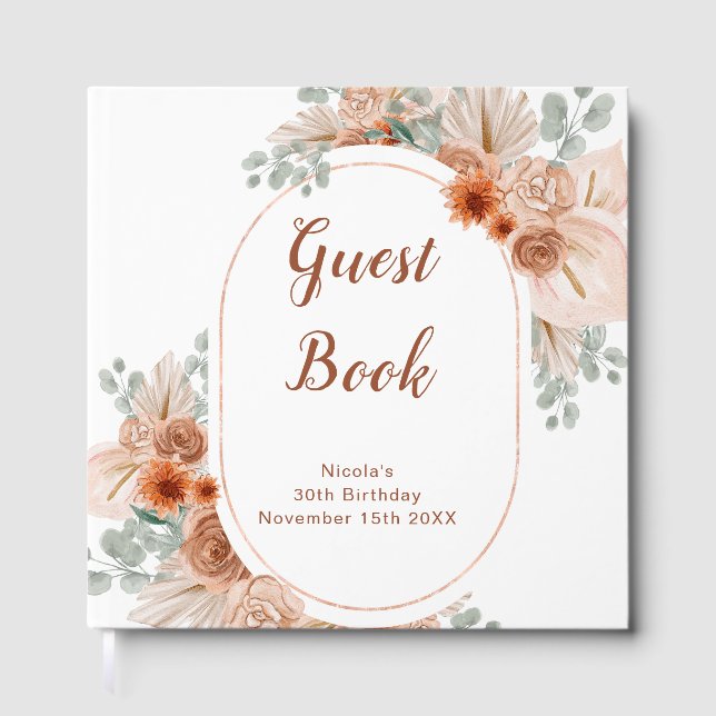 Boho Terracotta Pampas Grass Birthday Party Guest Book (Front)
