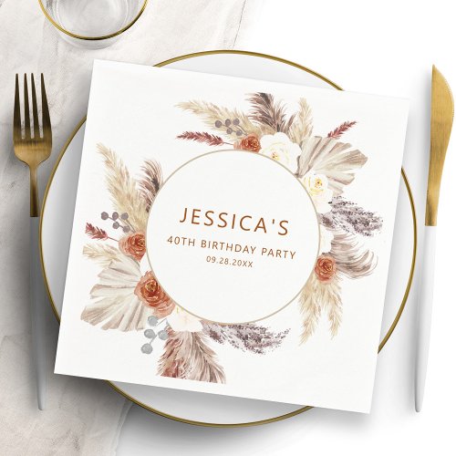 Boho Terracotta Pampas Grass Birthday Party Napkins