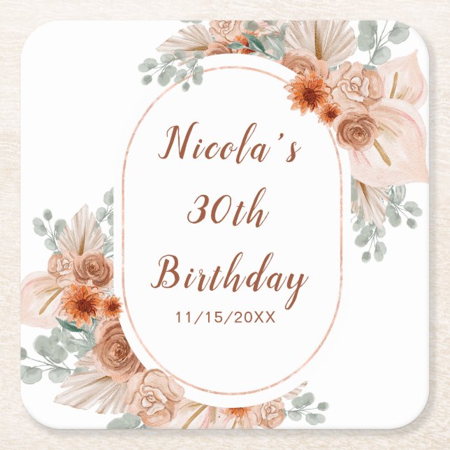 Boho Terracotta Pampas Grass Birthday Square Paper Coaster (Front)