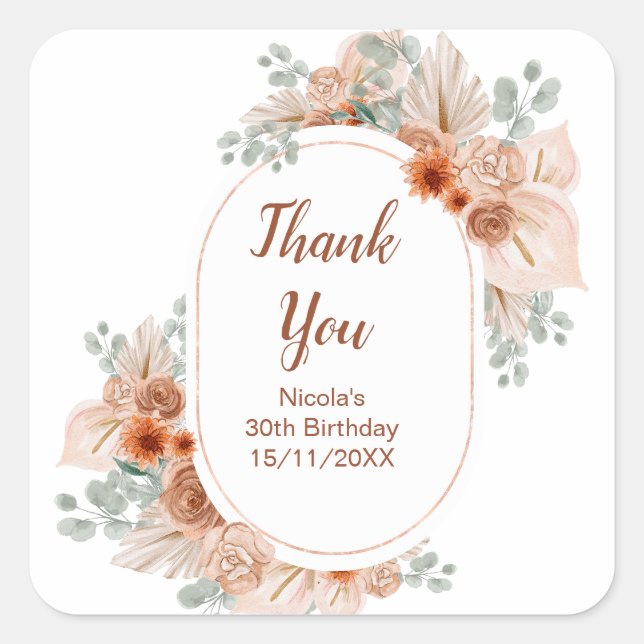 Boho Terracotta Pampas Grass Birthday Square Sticker (Front)