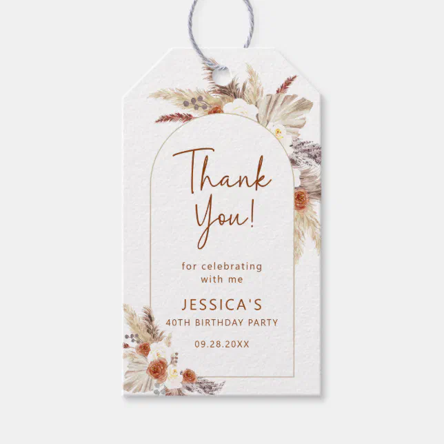 Boho Terracotta Pampas Grass Birthday Thank You Gift Tags | Zazzle