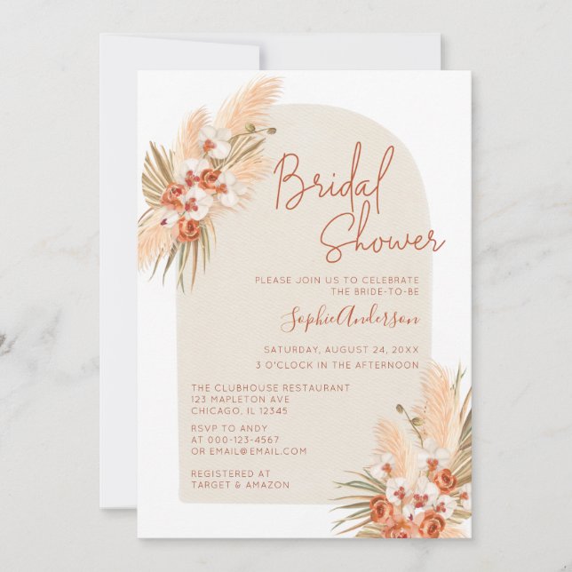 Boho Terracotta Pampas Grass Bridal Shower Invitation (Front)