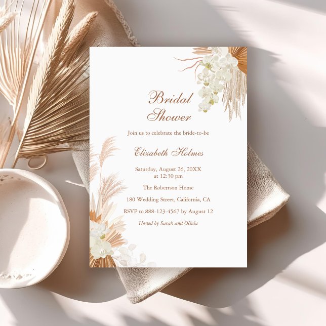 Boho Terracotta Pampas Grass Bridal Shower  Invitation (Boho Terracotta Pampas Grass Orchid Bridal Shower Invitation on a boho wedding table.)