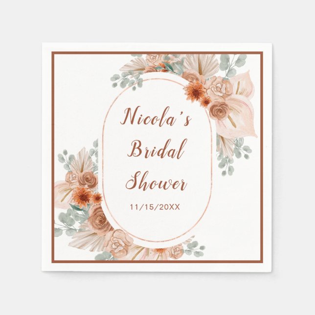 Boho Terracotta Pampas Grass Bridal Shower Napkins (Front)