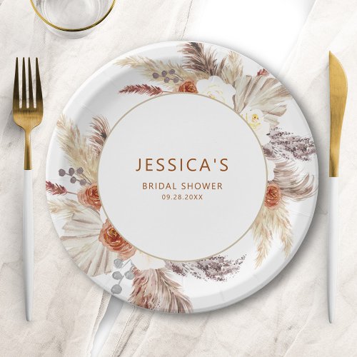 Boho Terracotta Pampas Grass Bridal Shower Paper Plates