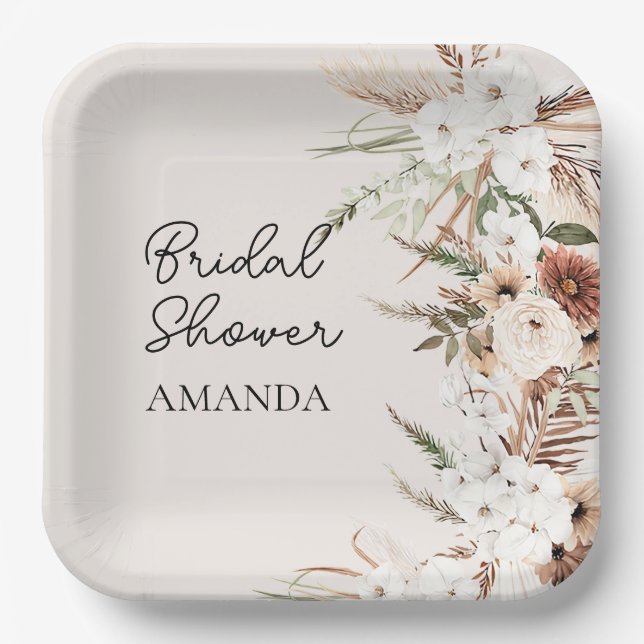 Boho terracotta pampas grass Bridal shower  Paper Plates (Front)