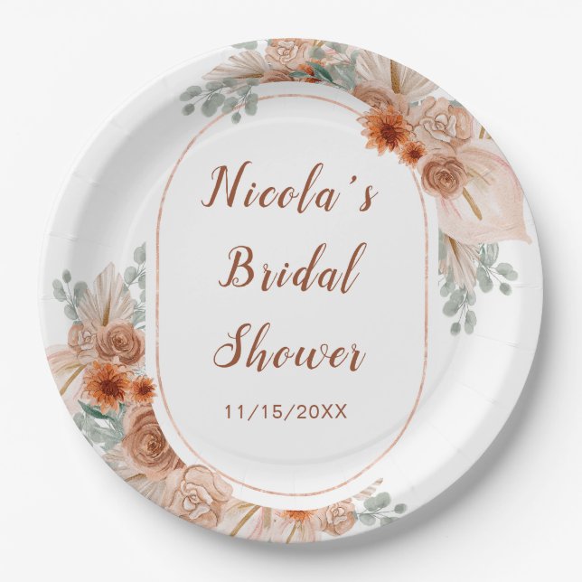 Boho Terracotta Pampas Grass Bridal Shower Paper Plates (Front)