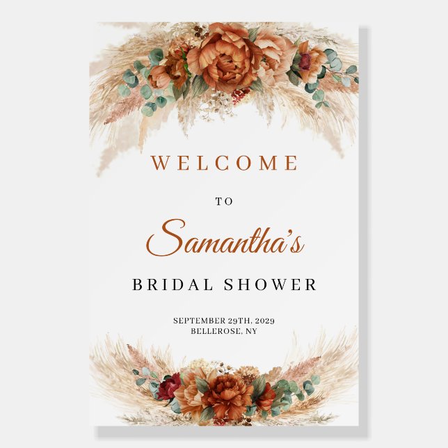 Boho terracotta pampas grass bridal shower welcome foam board (Front)