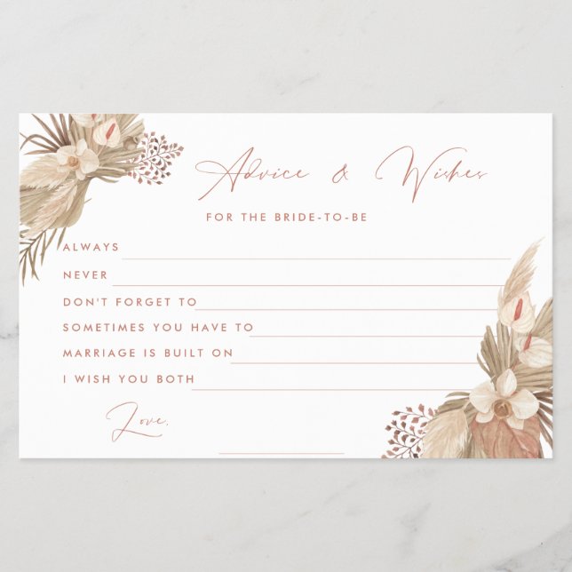 Boho Terracotta Pampas Grass bride advice card Flyer (Front)
