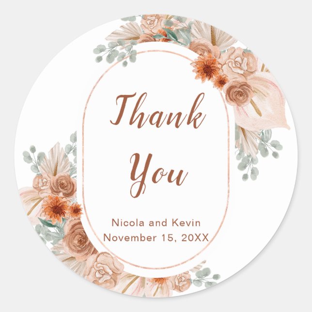 Boho Terracotta Pampas Grass  Classic Round Sticker (Front)