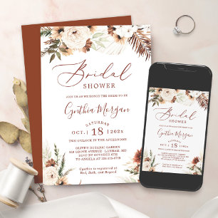Boho Terracotta Pampas Grass Floral Bridal Shower Invitation