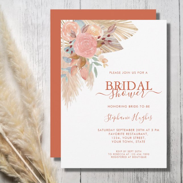 Boho Terracotta Pampas Grass Floral Bridal Shower Invitation (Creator Uploaded)