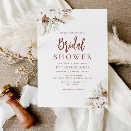  boho terracotta pampas grass floral bridal shower invitation